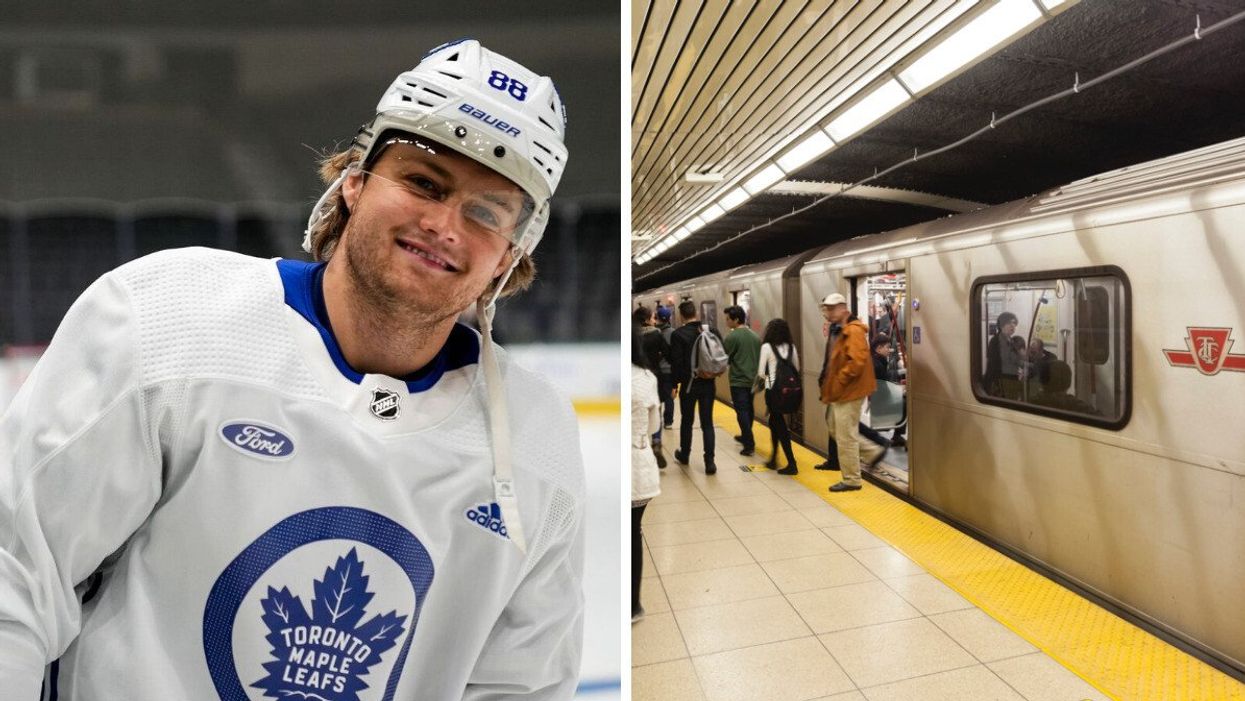William Nylander with the Toronto Maple Leafs smiling at the camera. Right: People getting on the TTC subway in downtown Toronto.