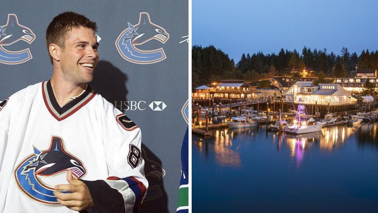 Willie Mitchell in Vancouver Canucks jersey. Right: Tofino Resort and Marina.