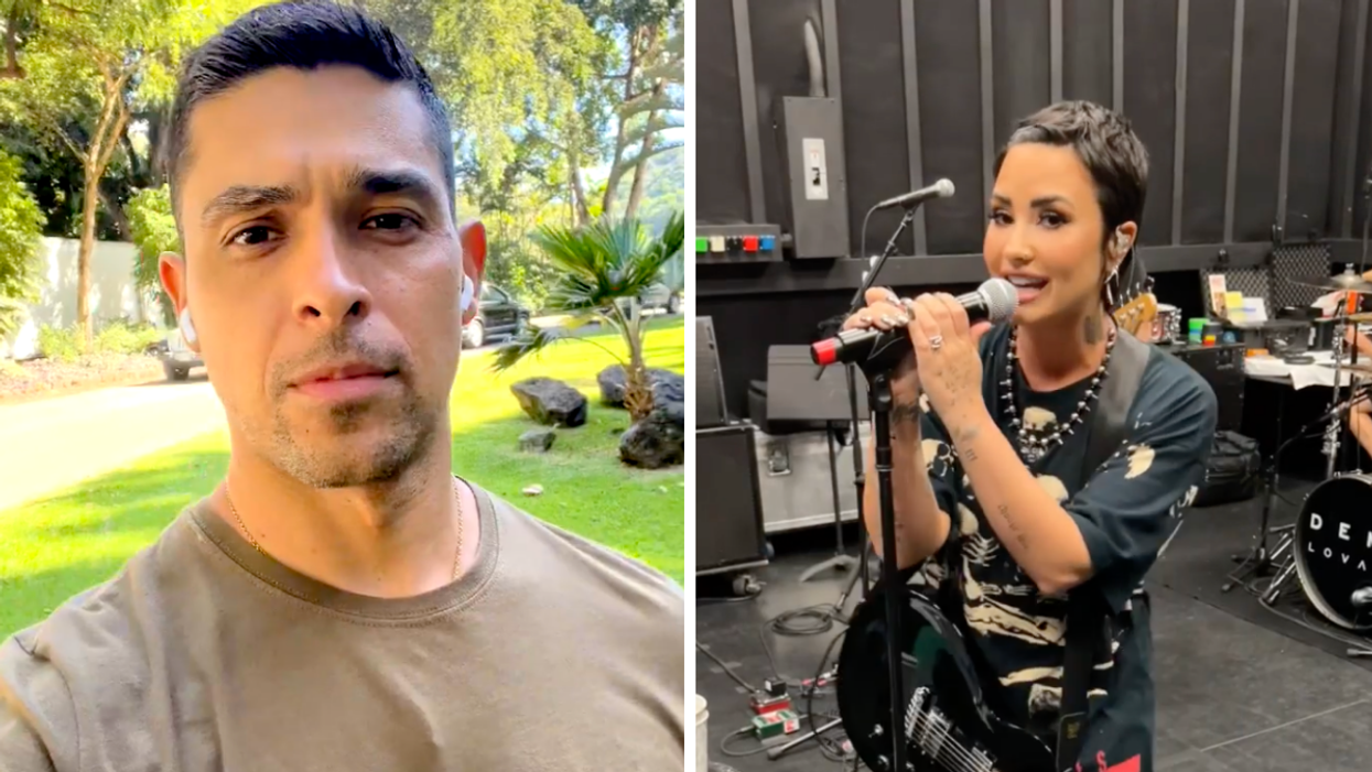 Wilmer Valderrama outside. Right: Demi Lovato singing at a rehearsal.