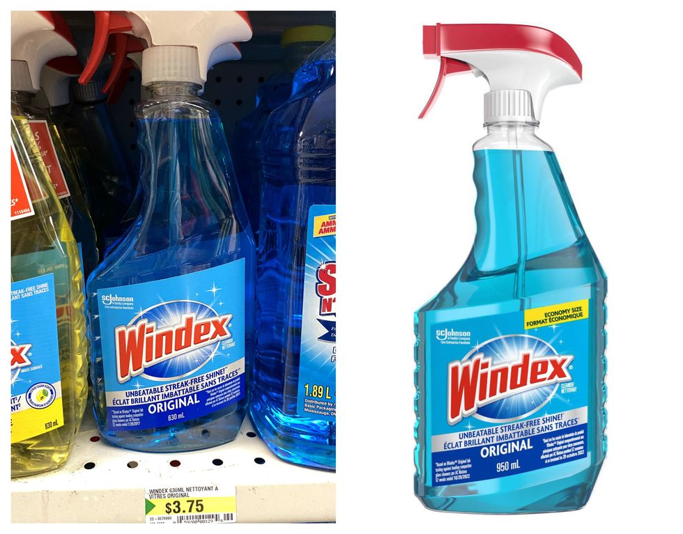 Windex Original au Dollarama. Droite : Windex Original sur le site de Walmart.