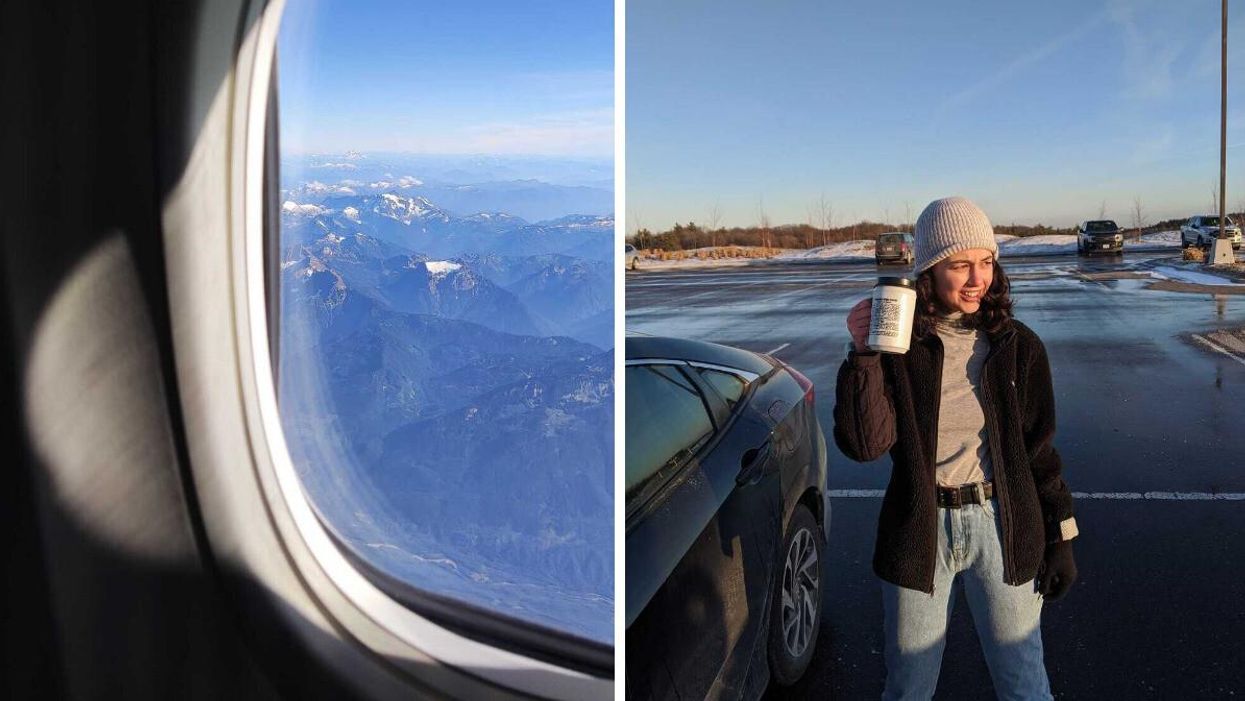 Window seat view on flight to Vancouver from Toronto. Right: Sierra Riley standing by a car.