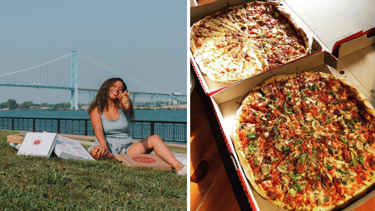 Windsorite with pizza boxes at the riverfront. Right: Windsor style pizza from Capri.