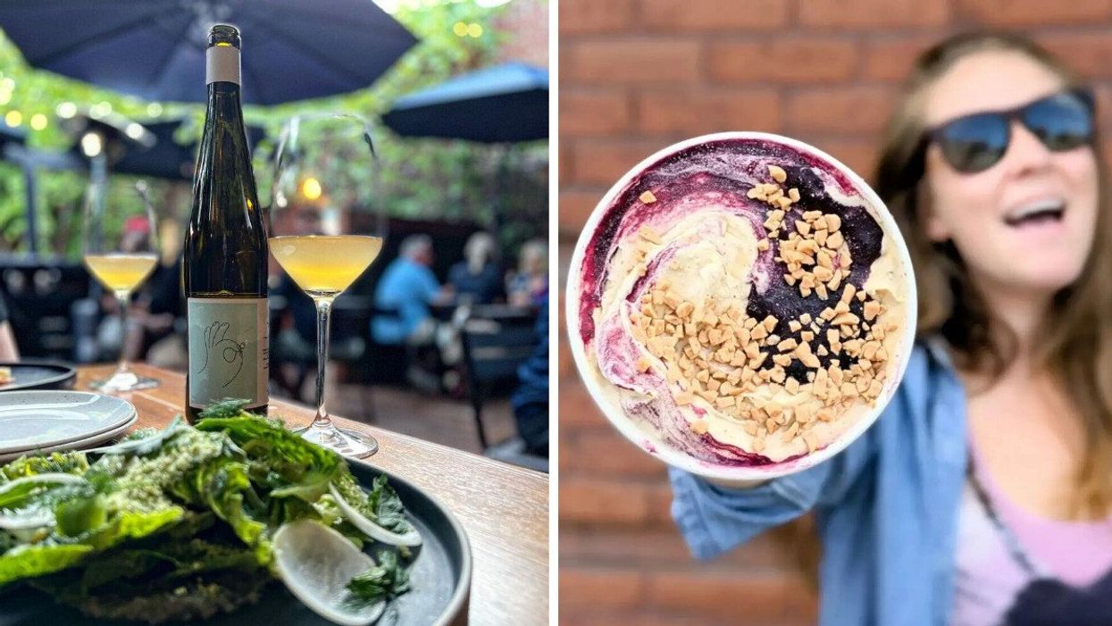 Wine and a salad on a restaurant patio. Right: A person holding out a pint of ice cream.