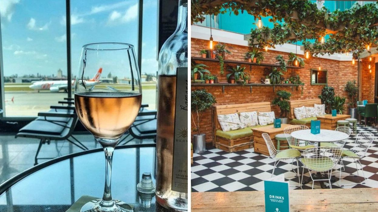 Wine at a Priority Pass lounge. Right: A Priority Pass lounge in London.
