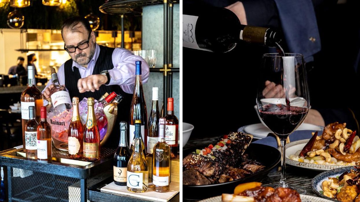Wine director. Right: A glass of wine.