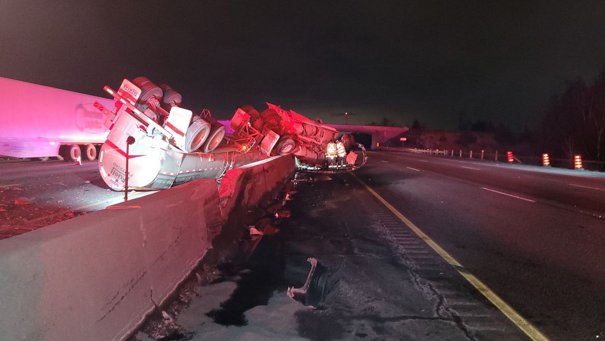 Wine-Filled Ontario Transport Truck Rolled Over On The 401 Last Night