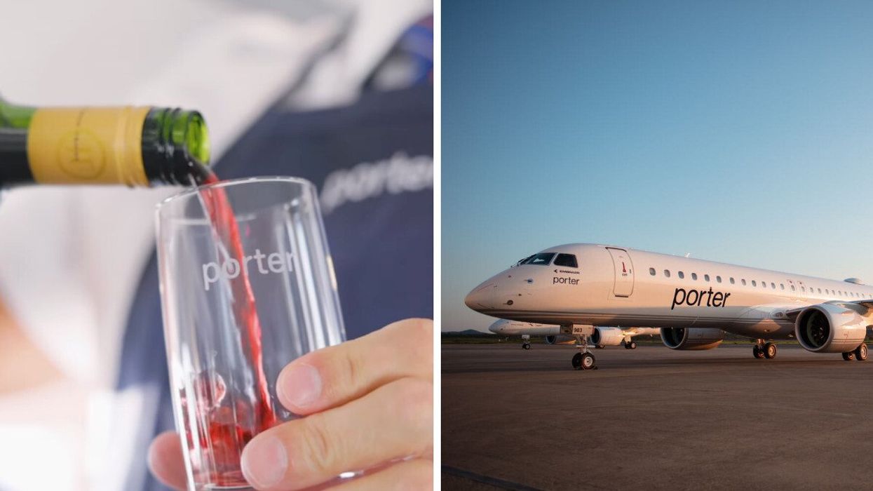 Wine on a Porter Airlines flight. Right: A Porter Airlines plane.