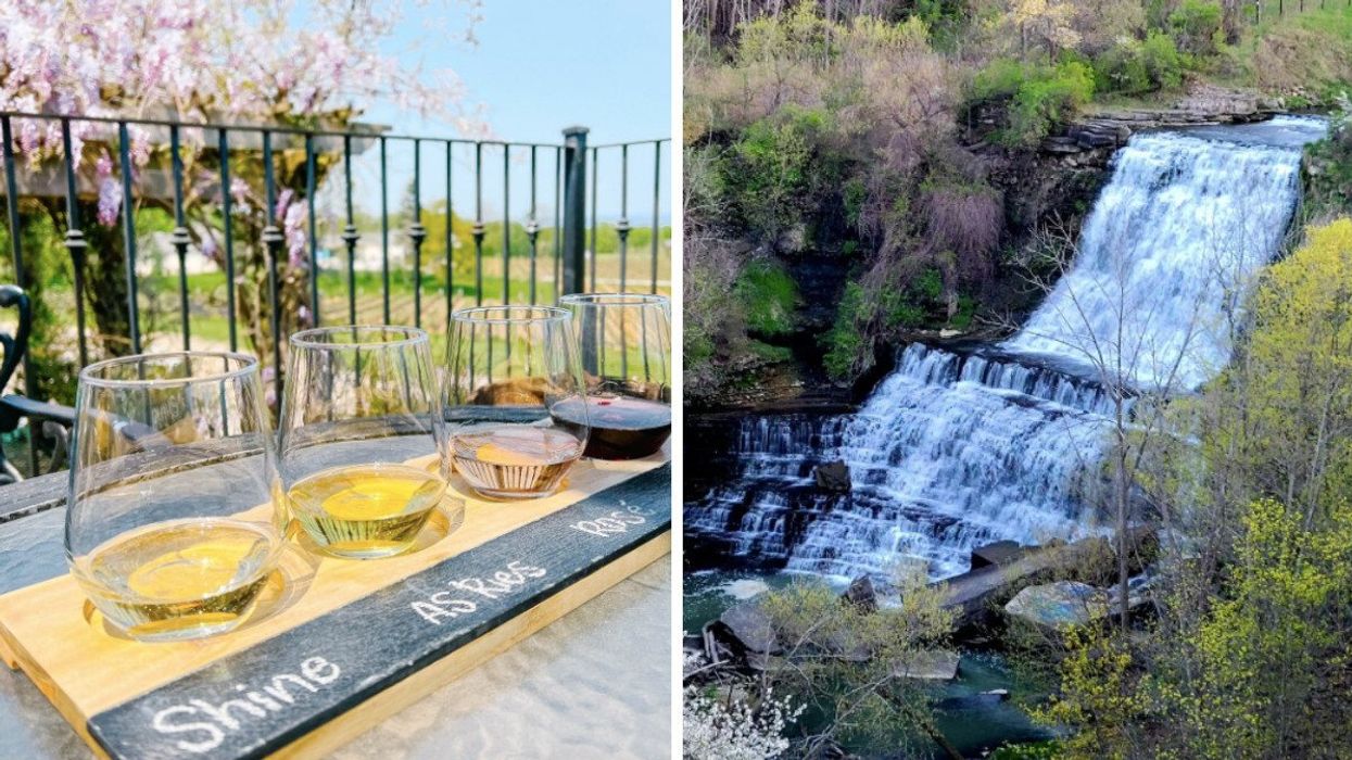 Wine tasters at Angels Gate Winery. Right: Albion Falls. 