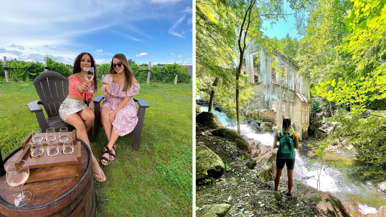 Wine tasting flights at Kin Vineyards. Right: Hiking to Carbide Wilson ruins in Gatineau Park.
