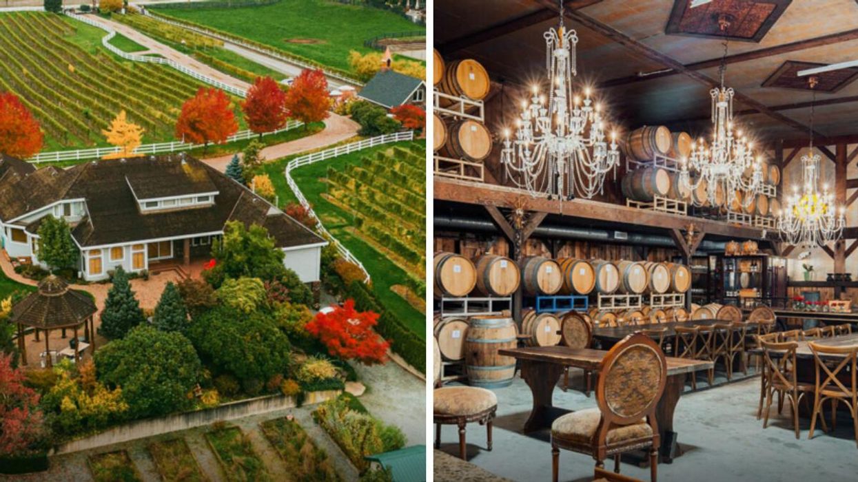 Winery in Abbotsford, B.C. Right: winery interior.