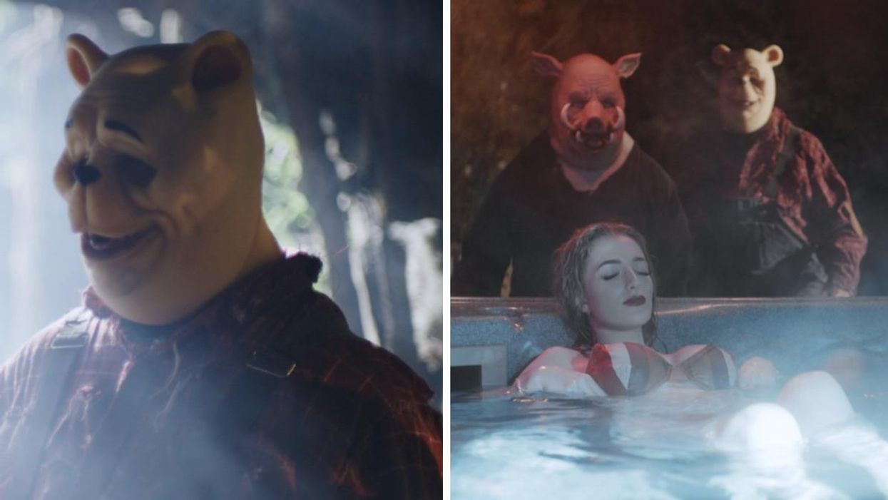 Winnie the Pooh in 'Blood and Honey.' Right: Piglet and Winnie the Pooh in a scene from the film.