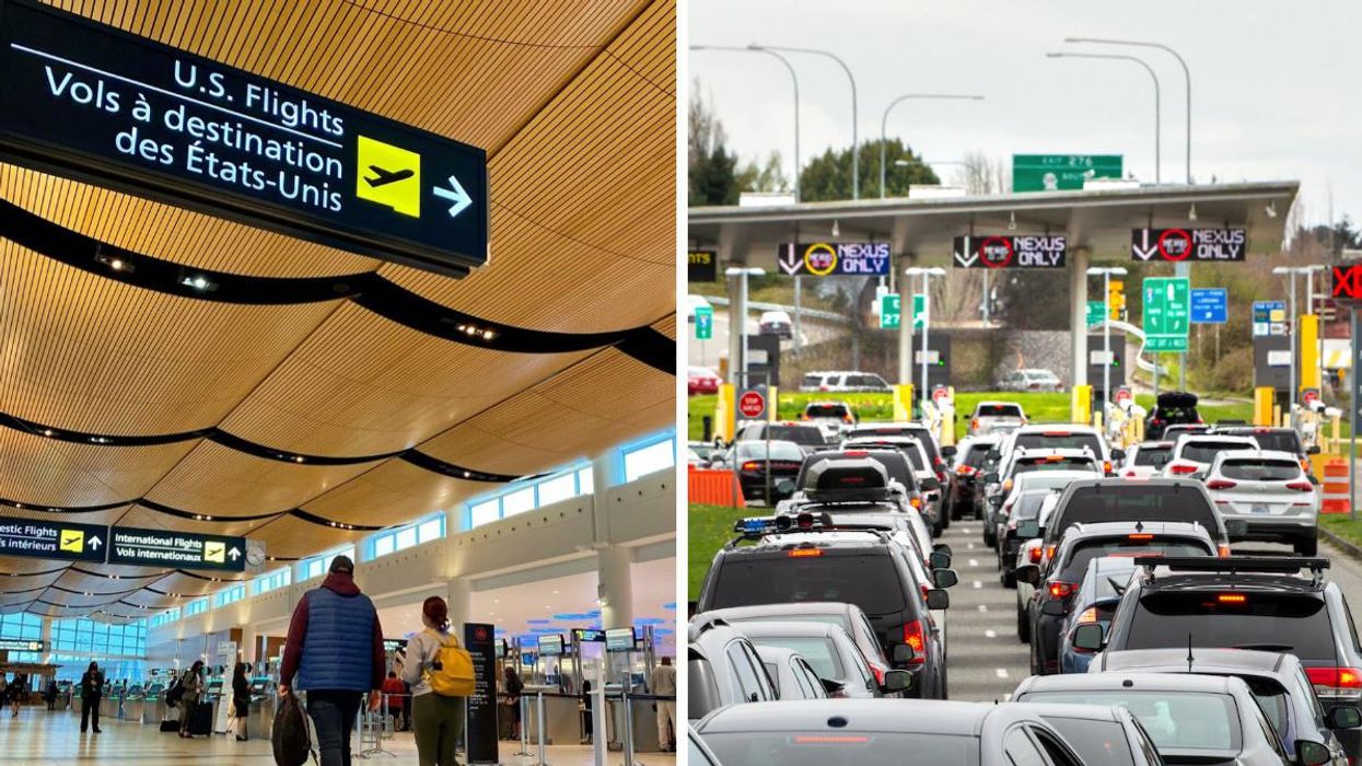 Winnipeg Airport sign showing U.S. flights. Right: Cars lined up at the Canada-U.S. land border.