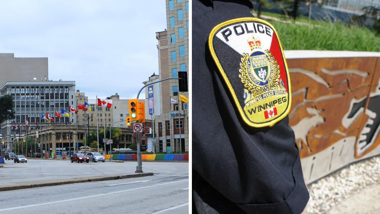 Winnipeg city centre. Right: A Winnipeg Police badge.