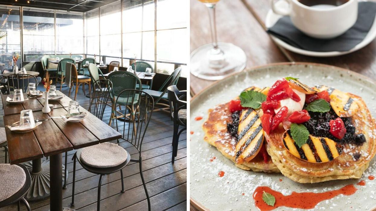 Winter patio at The Dog & Tiger. Right: Pancakes with grilled fruit.