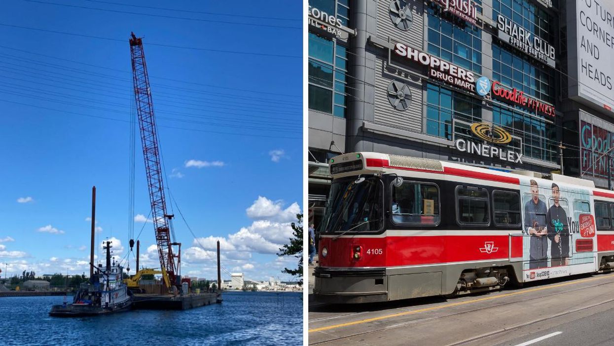 Wires hanging from a crane on a barge. Right: Yonge and Dundas Square