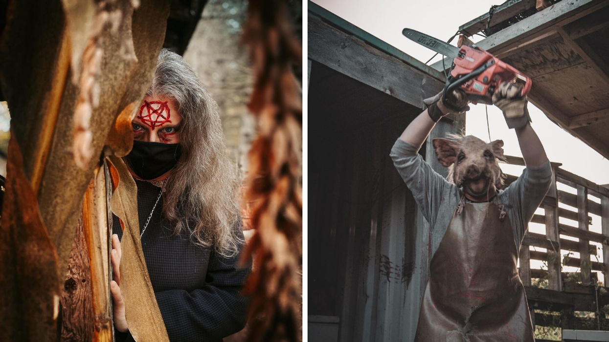 Witch lurking around a corner. Right: Creepy pig man with a chainsaw at Saunders Farm.