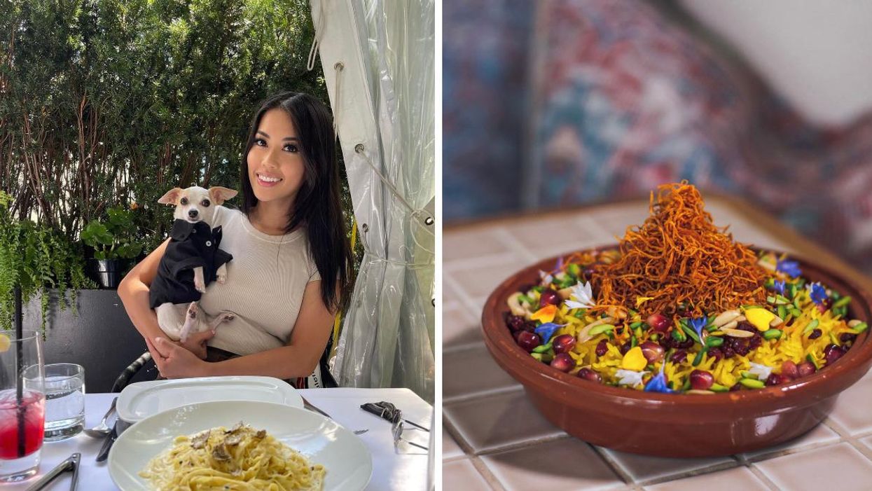 Woman and a dog sitting at a table with pasta. Right: Colourful meal at a restaurant.