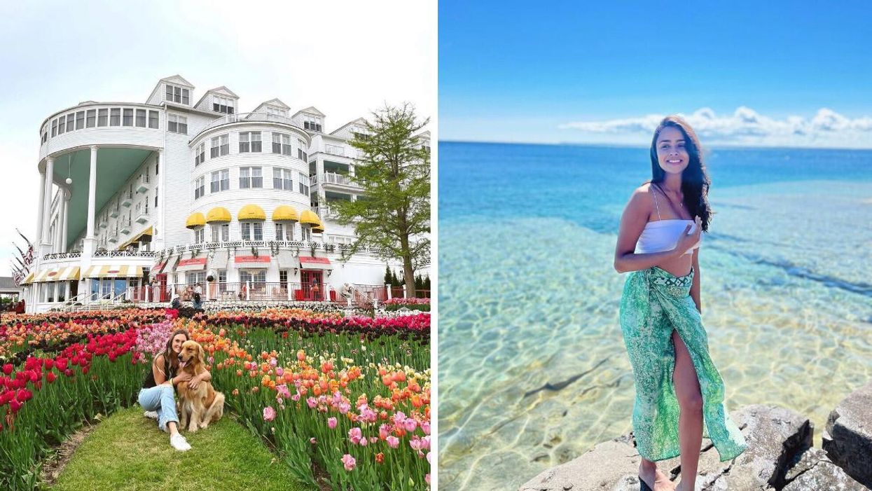 Woman and dog sitting in front of tulips. Right: Woman standing by blue water.