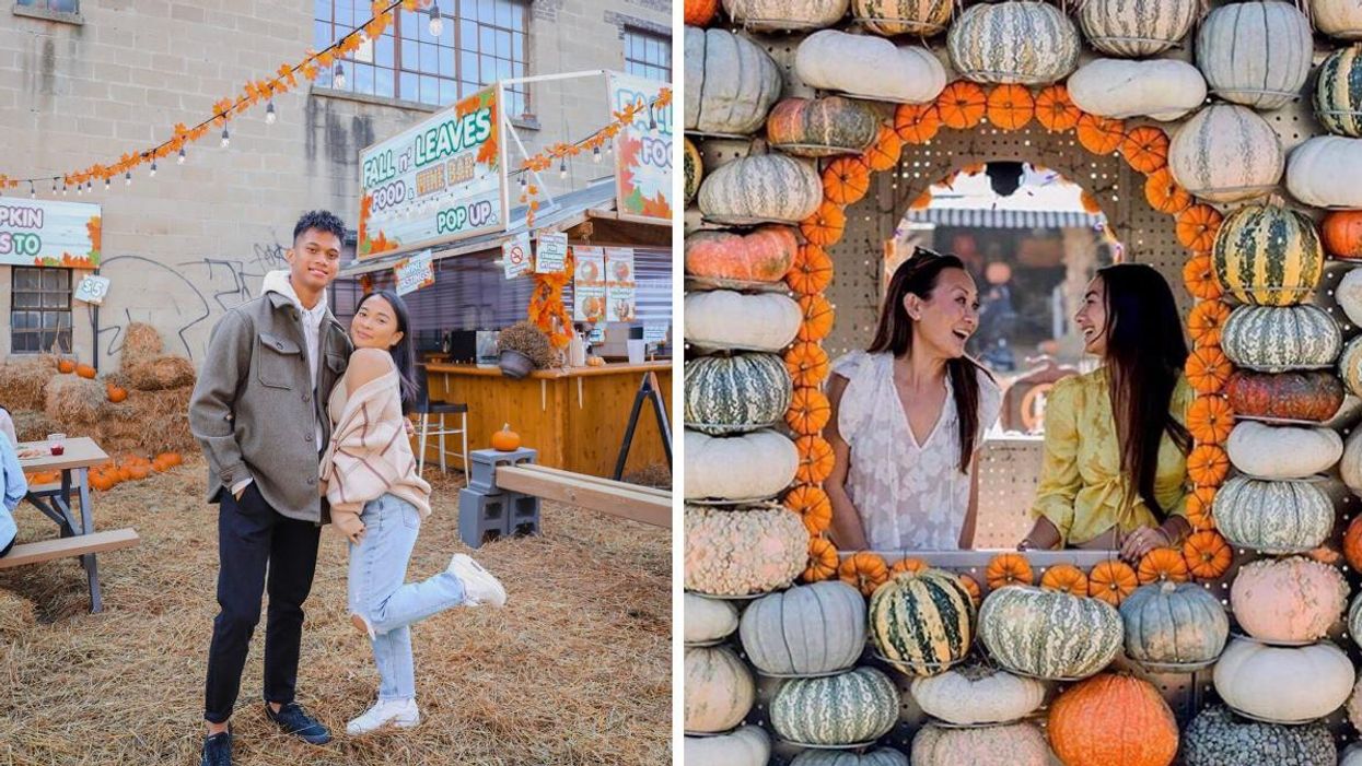 Woman and man standing by pumpkins. Right: Two women standing in a house made of pumpkins.