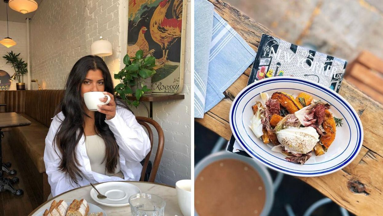 Woman at a restaurant drinking from a mug. Right: Plate of food on a magazine.