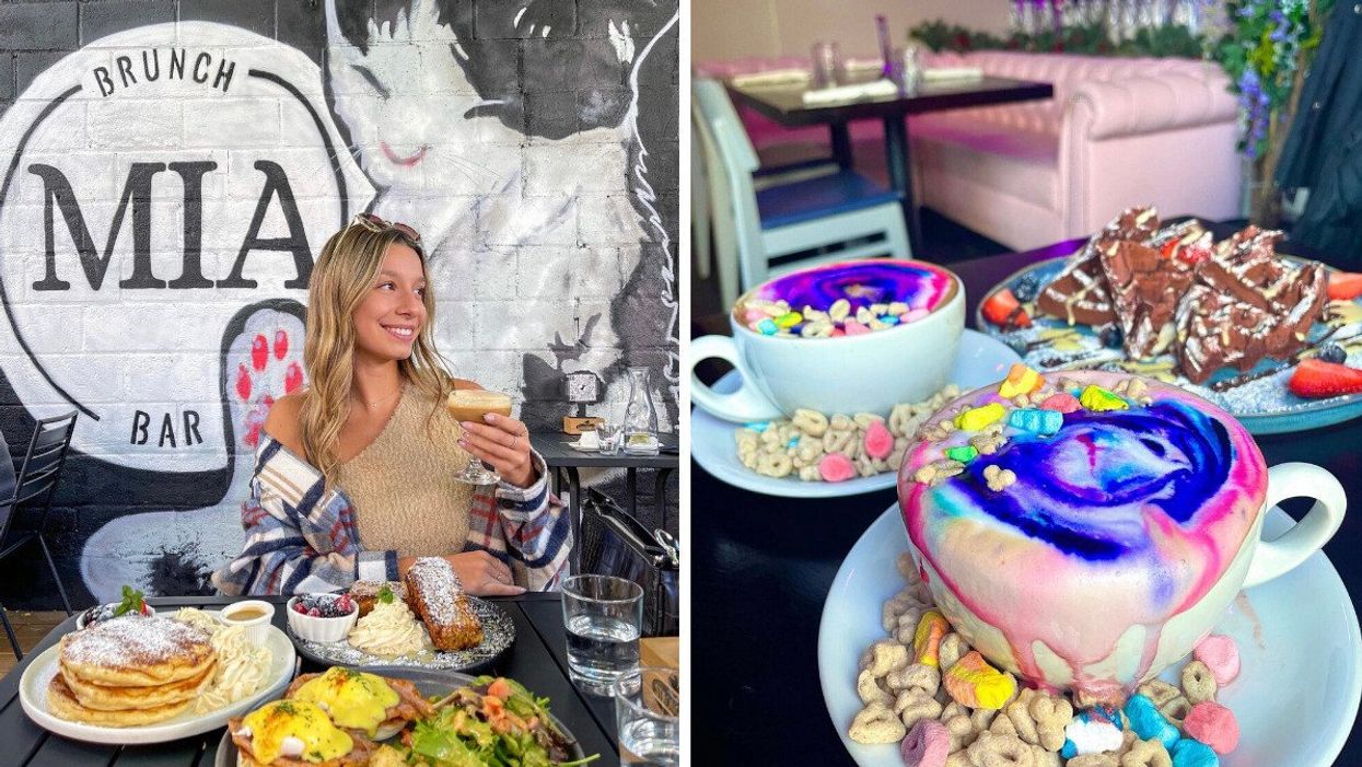 Woman at a restaurant. Right: Colourful lattes with Lucky Charms.