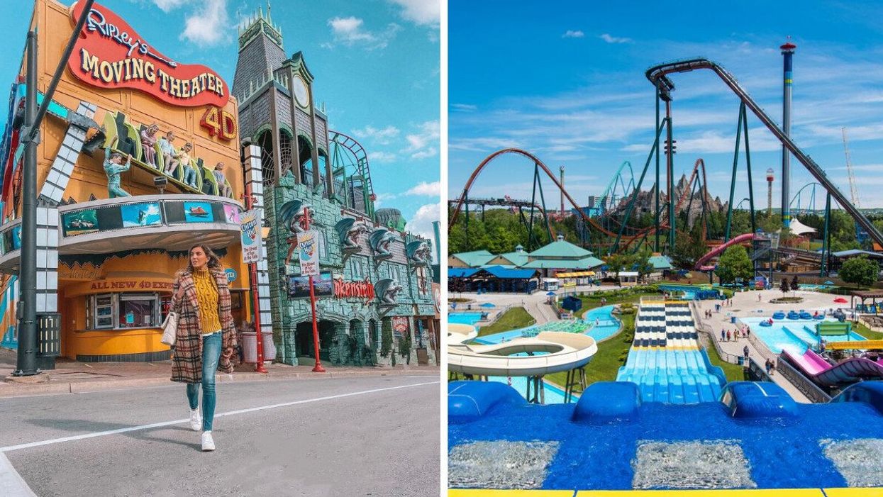 Woman at Clifton Hill. Right: Canada's Wonderland.