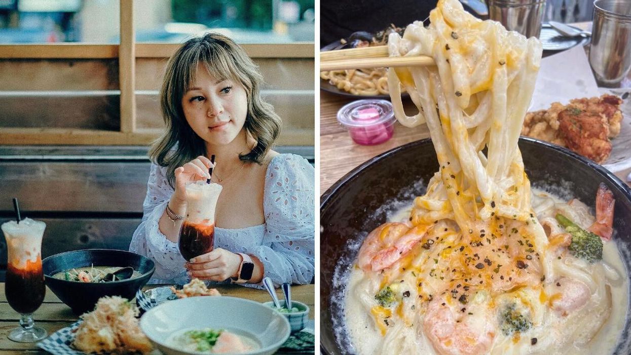 Woman at restaurant holding a drink. Right: Bowl of cheesy noodles.