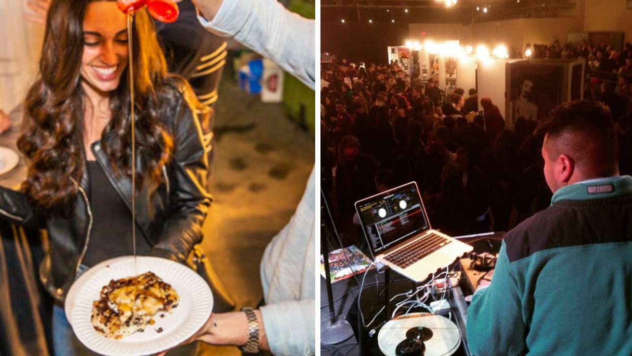 Woman being served pancakes. Right: Previous "The Pancakes & Booze Art Show."