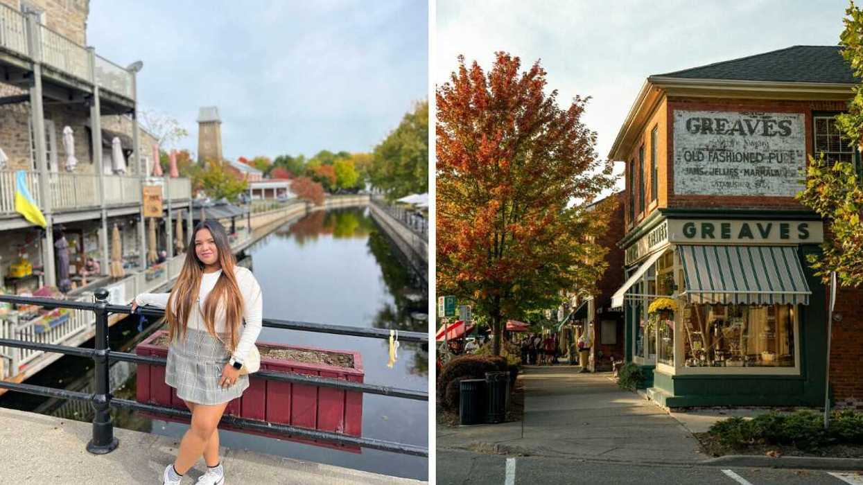 Woman by a canal. Right: A shop with fall foliage.