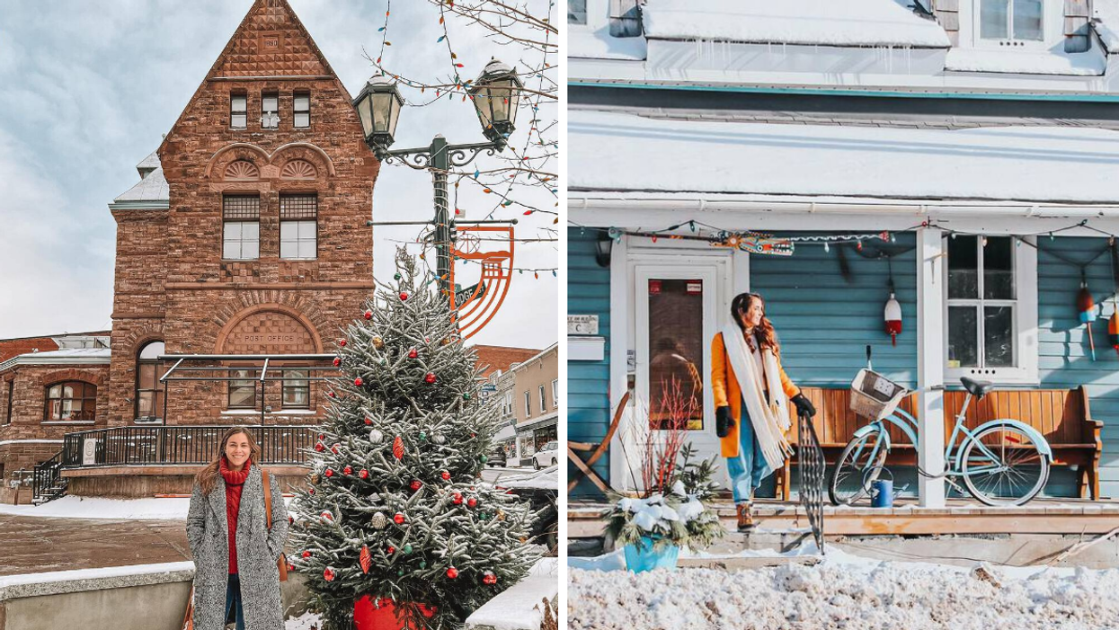 Woman by a Christmas tree in Almonte. Right: Woman at a blue shop with holiday lights.
