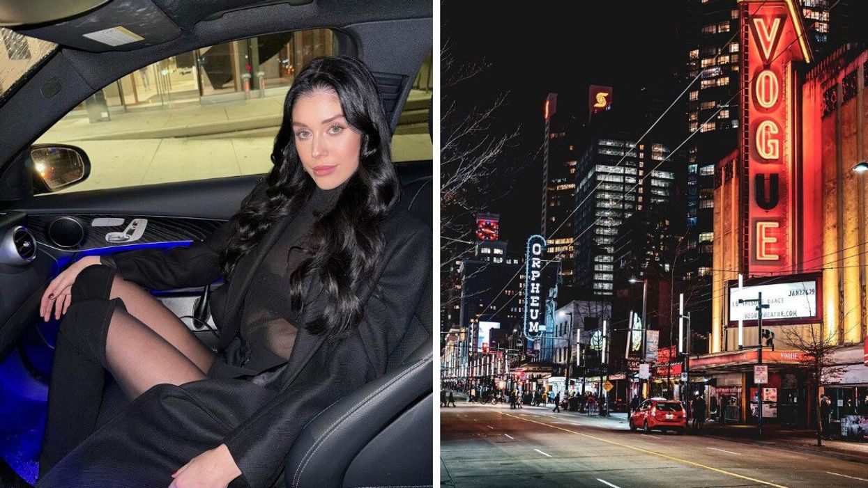 Woman dressed in black attire poses inside a car. Right: A nighttime view of Granville Street in Vancouver, featuring the illuminated signs of the Vogue and Orpheum theatres.