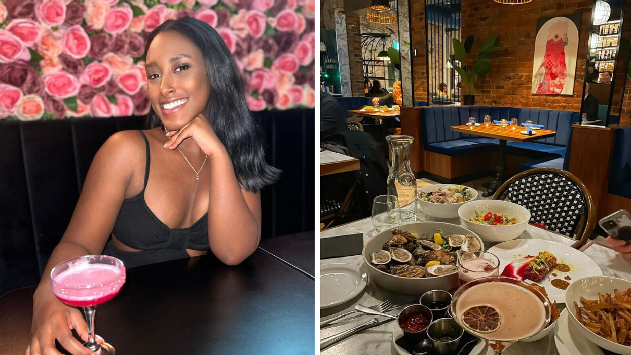 Woman drinking a cocktail by a flower wall. Right: Table of seafood and appetizers.