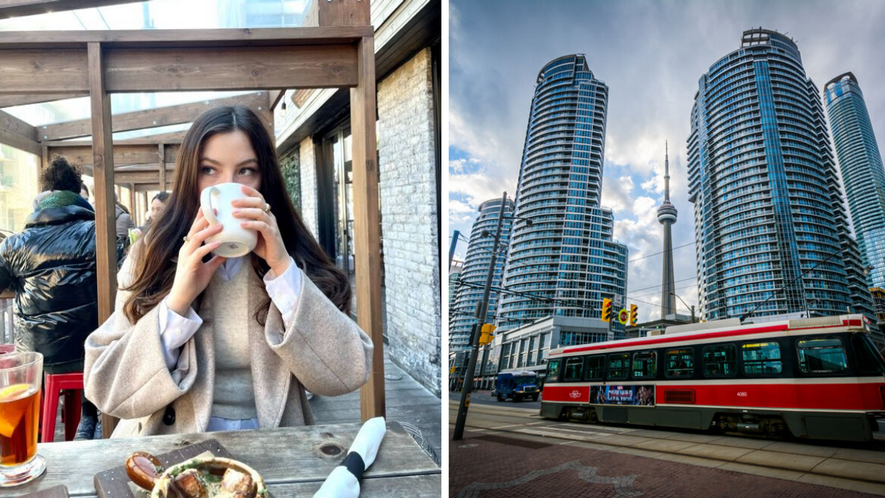 Woman drinking coffee at an outdoor cafe table. Right: Toronto's CN Tower with condo buildings and a TTC streetcar.