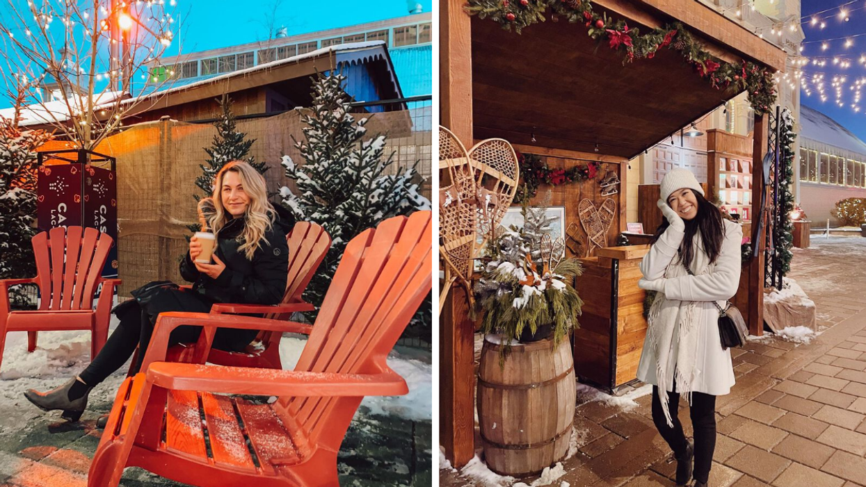 Woman drinking hot chocolate at a Christmas market. Right: Woman smiling by a chalet vendor booth.