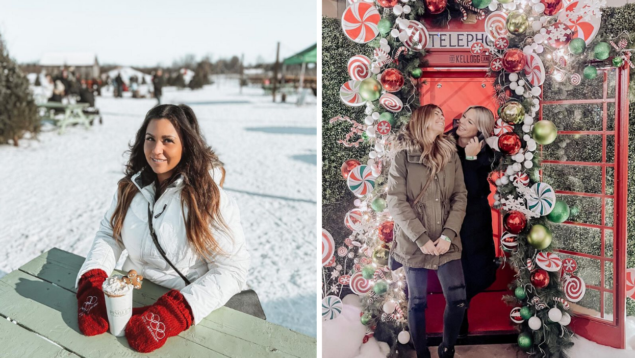 Woman drinking hot chocolate at a Christmas village. Right: Women smiling in a holiday phone booth display.