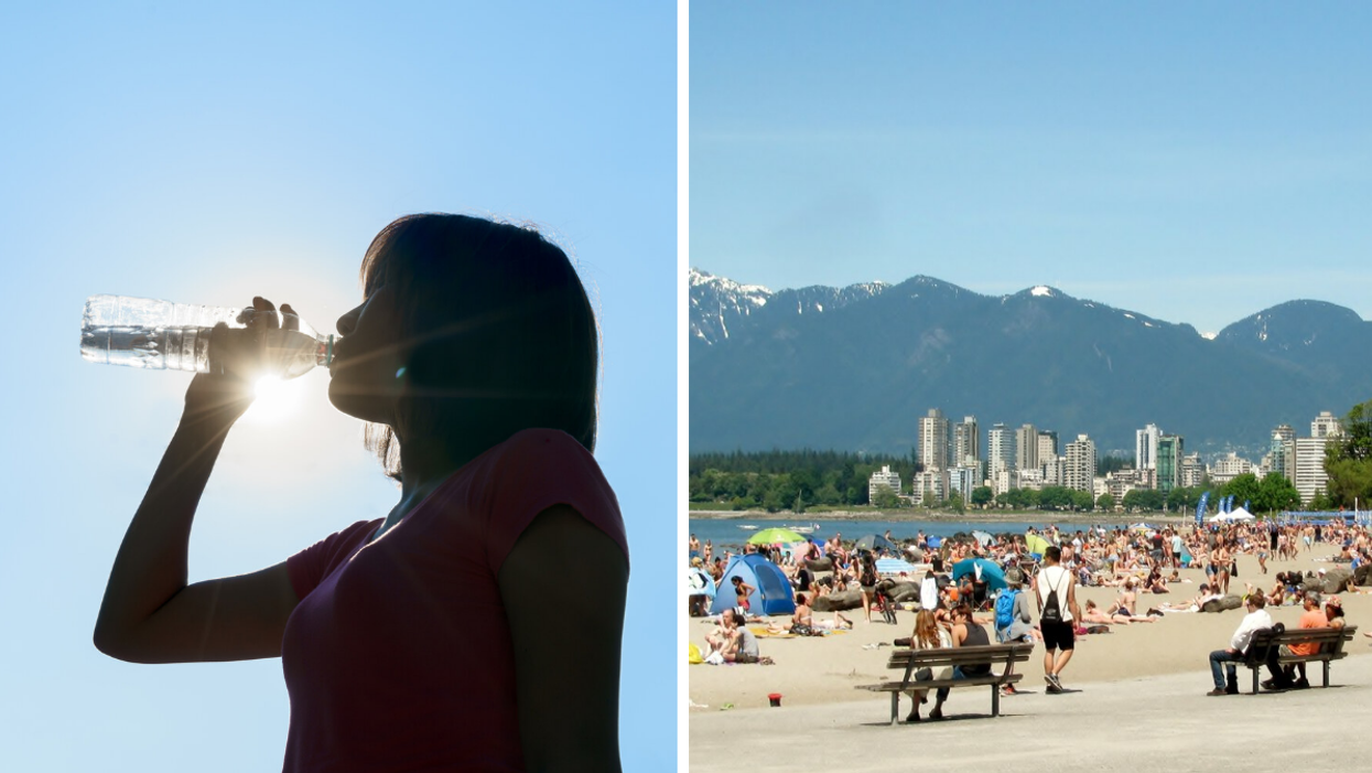 Woman drinking water. Right: Busy Kitsilano Beach in Vancouver.
