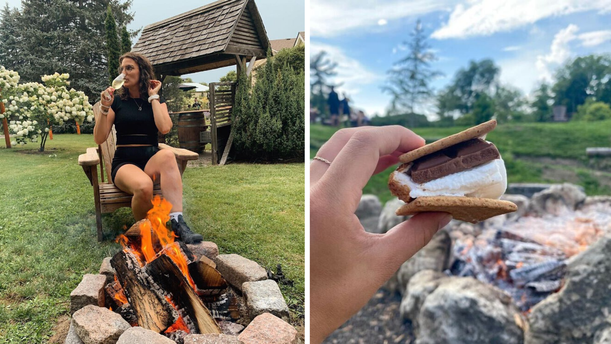 Woman drinking wine by a fire pit. Right: Roasted s'more at a giant campfire.