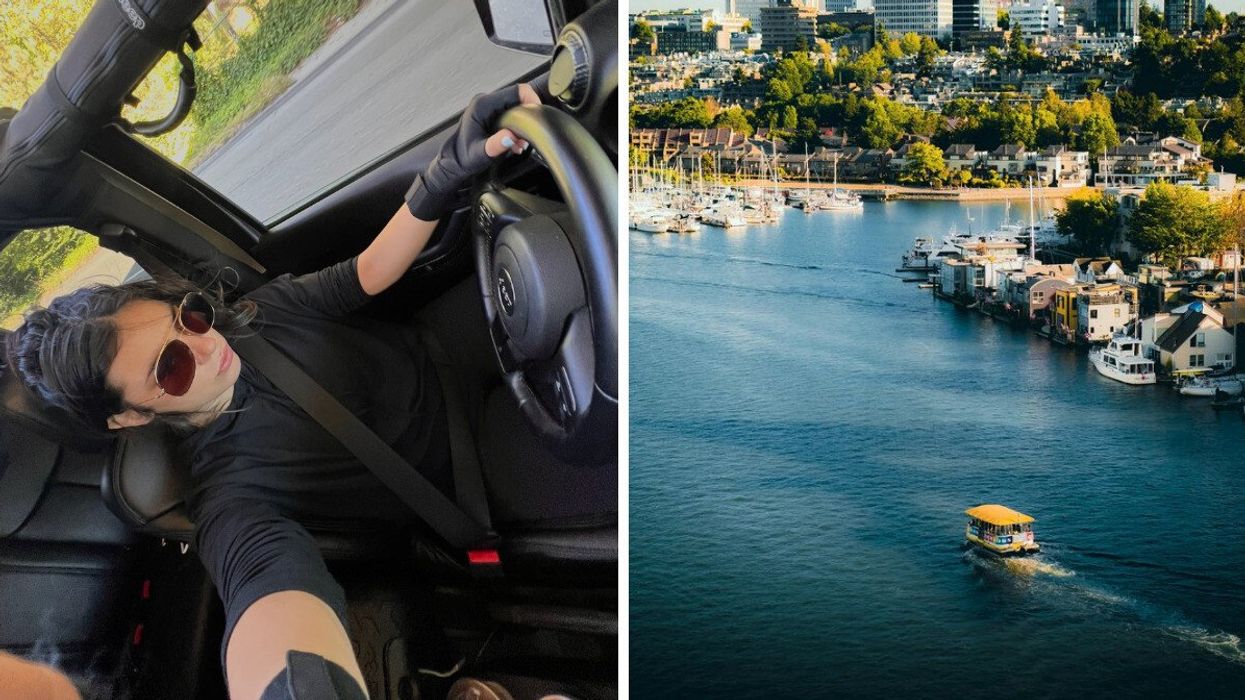 Woman driving a Jeep. Right: Birdseye view of Aquabus on Vancouver waterfront.