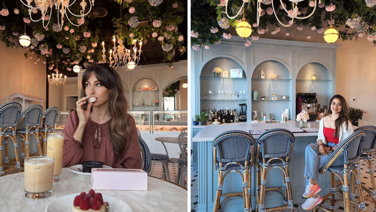 Woman eating a macron at a French café. Right: Bistro-style bar in a patisserie with floral decor.
