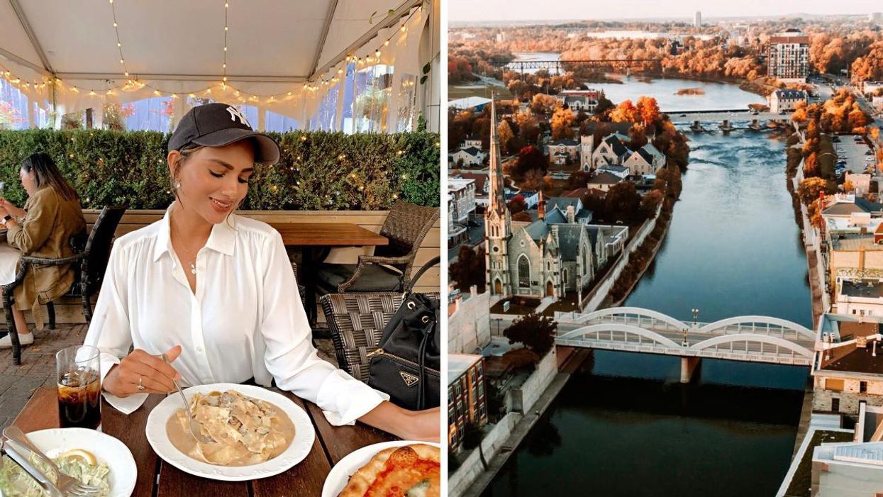 Woman eating a meal at a restaurant with string lights. Right: Community of Galt, Ontario.