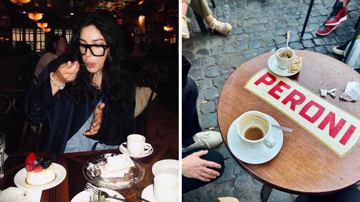 Woman eating cake at a dimly lit Italian restaurant. Right: Espresso cups on a small outdoor café table with a Peroni sign.