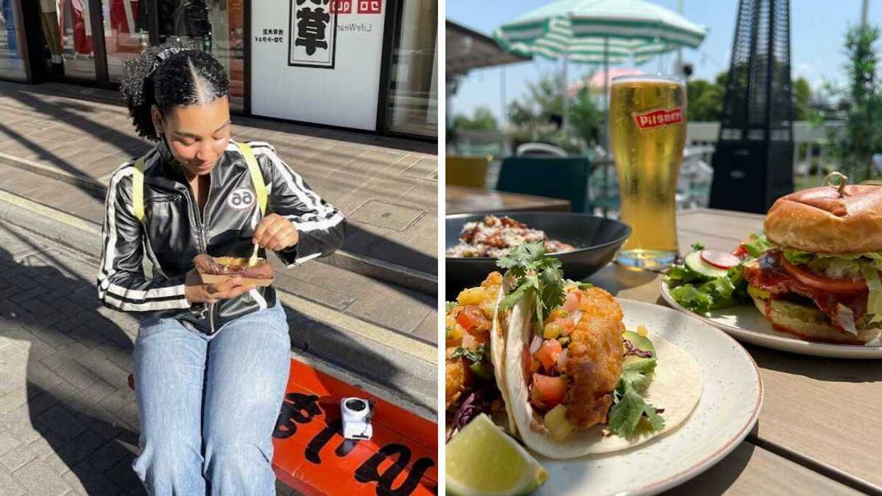 Woman eating outside while sitting on a bench. Right: Tacos, a burger, and a beer on a table at Umbrella Bar in Ottawa.