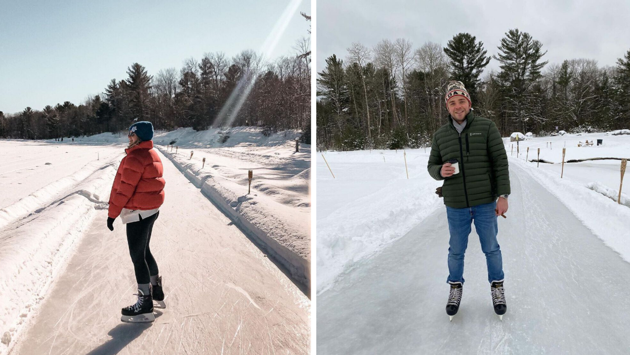 Woman gliding on a winter skating trail. Right: Man with a hot drink on an ice trail.