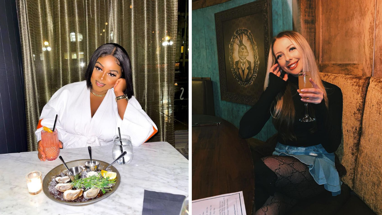 Woman having a drink and oysters. Right: Woman holding a cocktail at a restaurant.