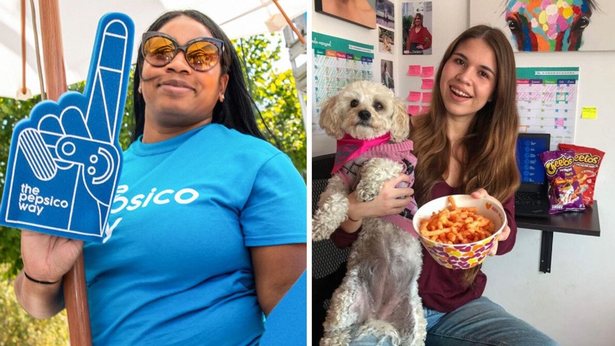 Woman holding a blue sign. Right: Woman holding a dog and bowl of snacks.