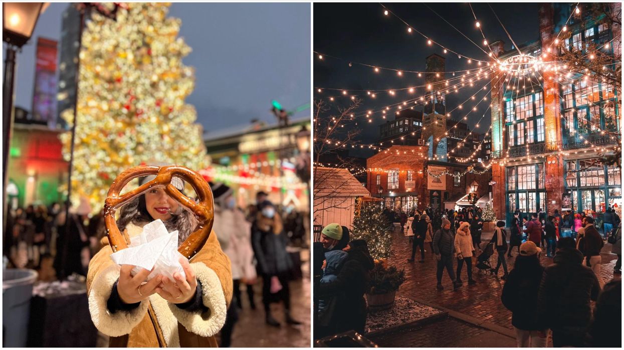Woman holding a pretzel. Right: The Distillery Winter Village.