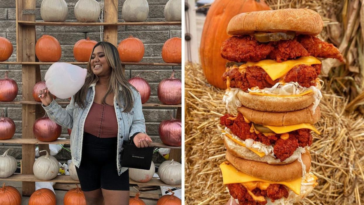 Woman holding cotton candy by pumpkins. Right: Multiple sandwiches with a hay bale in the background.