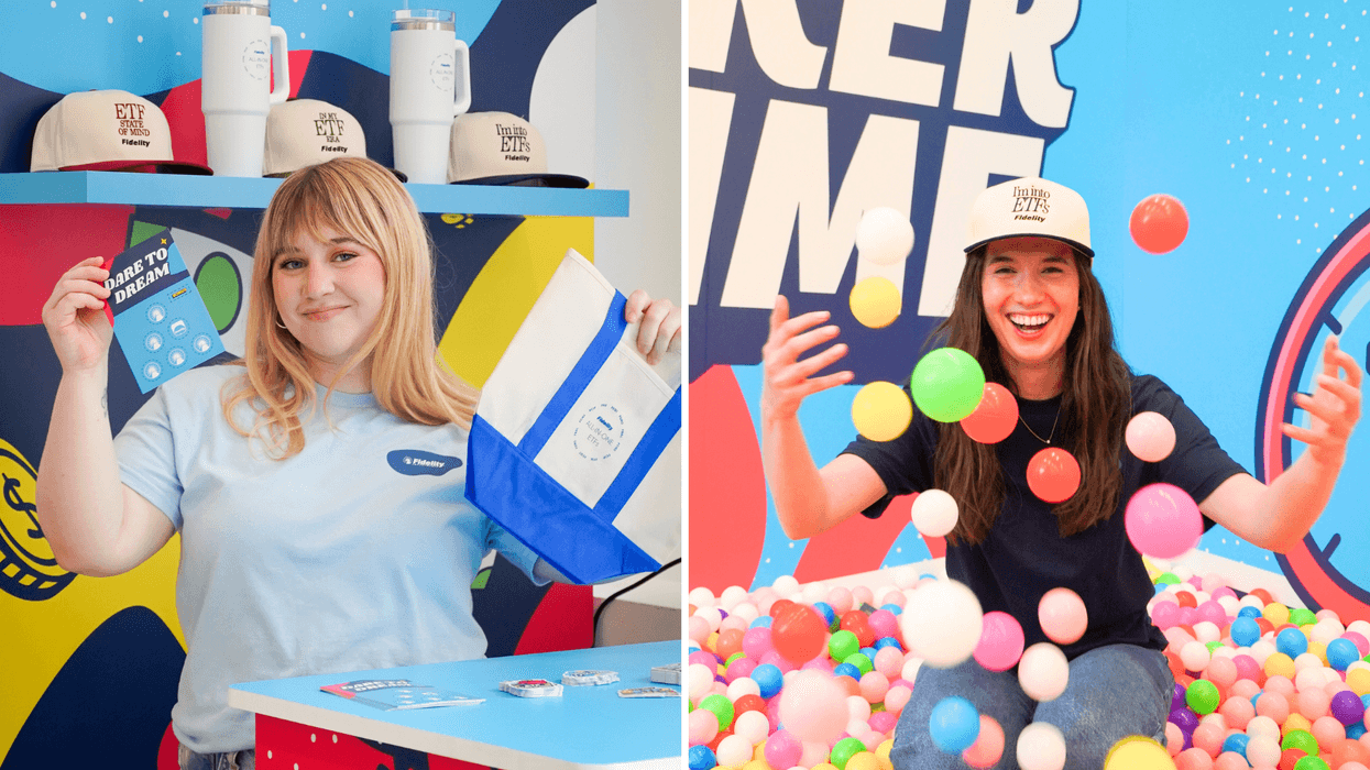 Woman holding Fidelity merchandise at an ETF pop-up event. Right: Woman enjoying a colourful ball pit at a Fidelity ETF event.