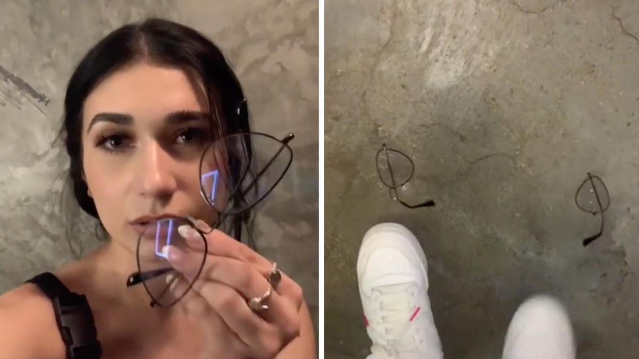 Woman holding glasses. Right: Broken glasses on the ground.
