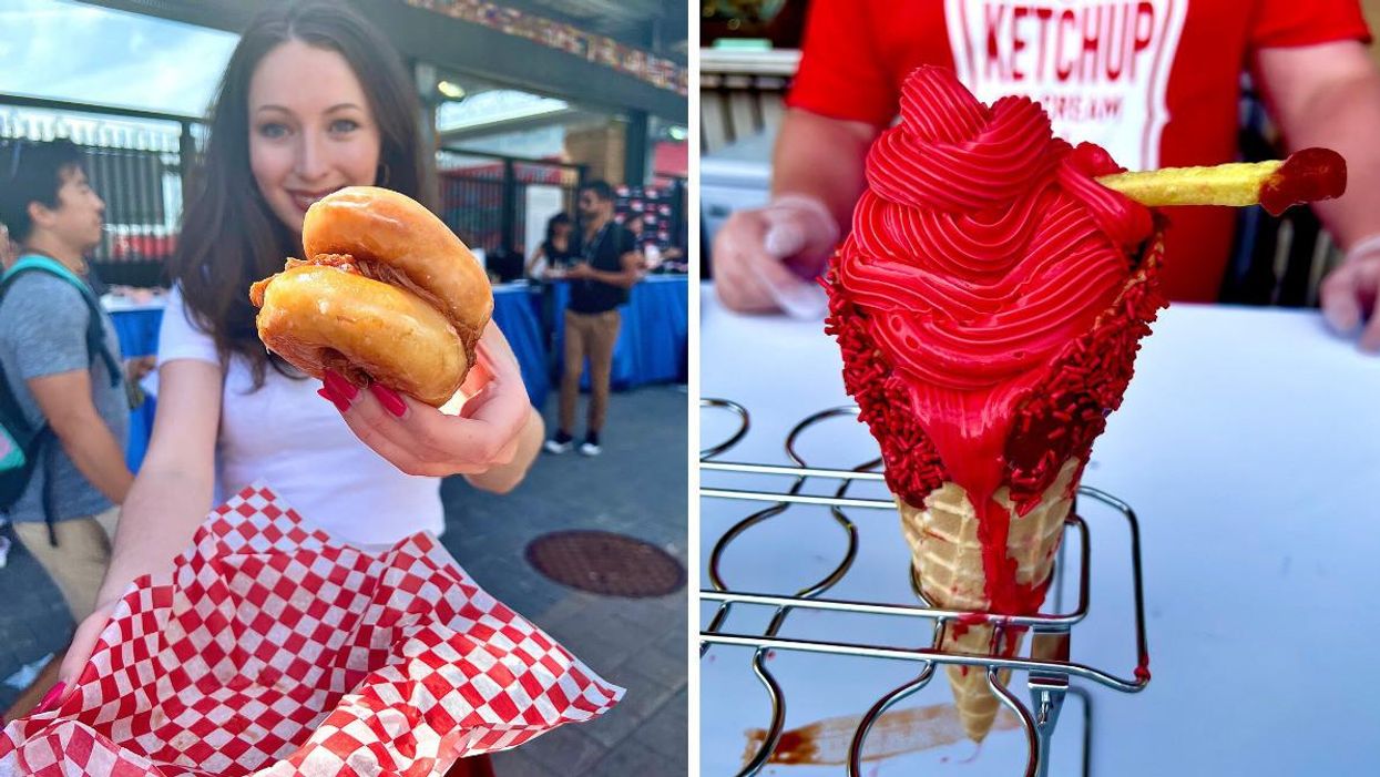 Woman holding the Krispy Kreme Pulled Pork sandwich. Right: Ketchup soft-serve with a fry.
